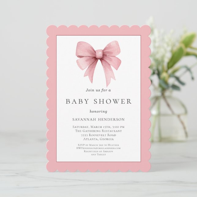 Elegante Pink Ribbon Bow Girl Baby Shower Einladung (Stehend Vorderseite)