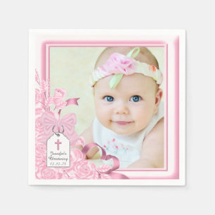 Elegante Pink-Rosen-Foto-Taufe Serviette