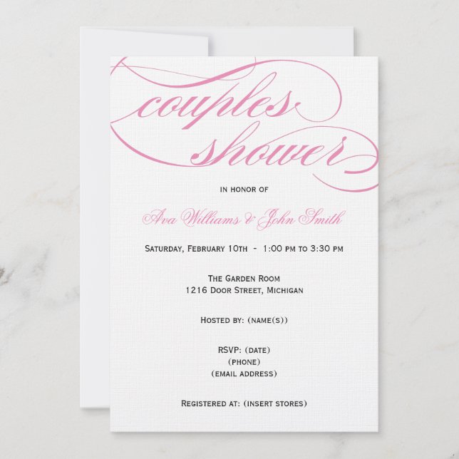 Elegante Pink Script Paare Dusche Einladung (Vorderseite)