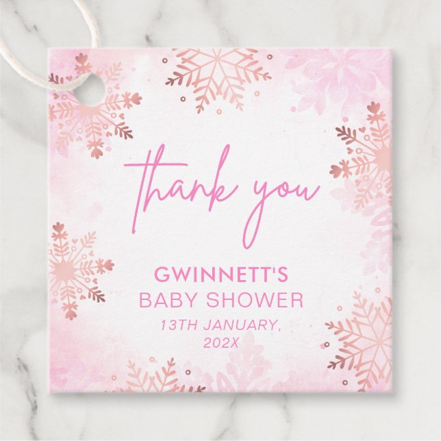 Elegante Pink Snowflake Girl Baby Dusche Geschenkanhänger (Vorderseite)