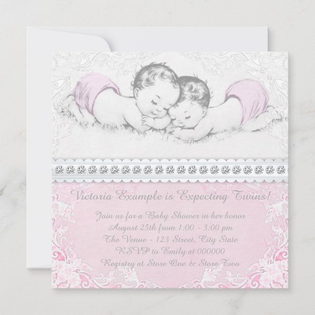 Elegante Pink Twin Girl Babydusche Einladung (Vorderseite)