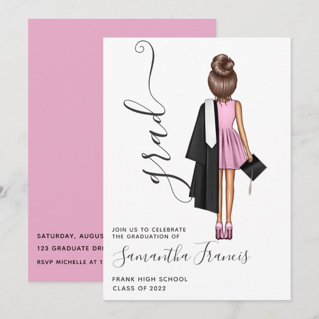 Elegante Pink und Brown Girl Graduation Party Einladung (Vorne/Hinten)