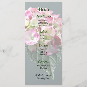 Elegante Pink- und Weiße Hortensien-Hochzeitsmenü Menükarte