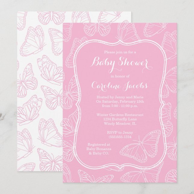 Elegante Pink und White Butterfly Babydusche Einladung (Vorne/Hinten)