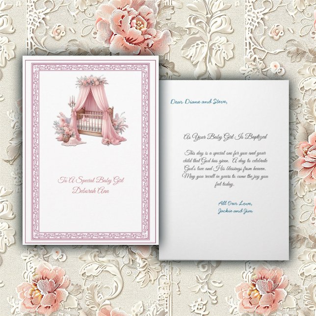 Elegante Pink und White Crib Baby Baptisk Karte (Von Creator hochgeladen)