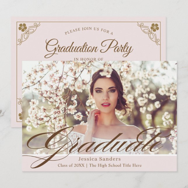Elegante Pink Vintag Script Foto Graduation Party Einladung (Vorne/Hinten)