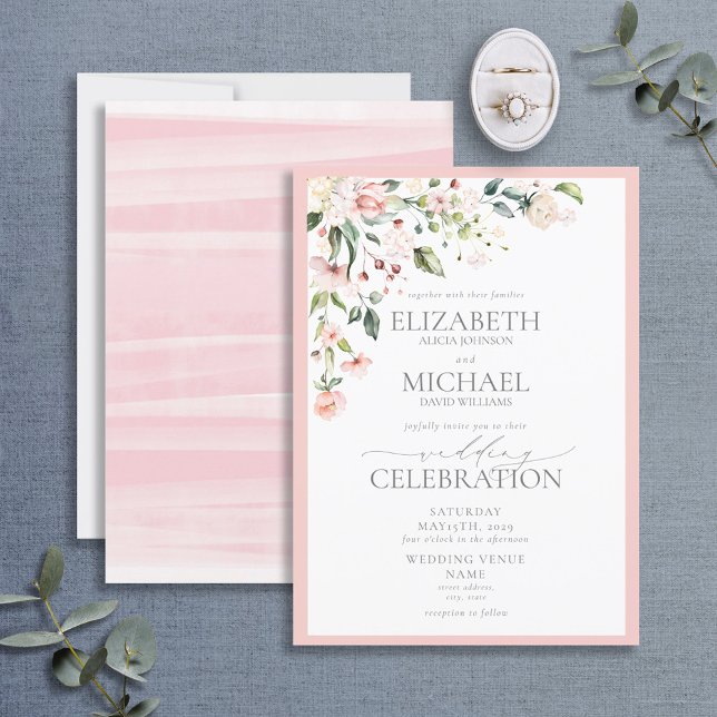 Elegante Pink Watercolor Blumenkalligrafie Hochzei Einladung (Von Creator hochgeladen)