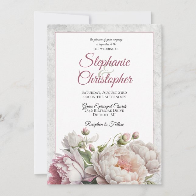 Elegante Pink White Floral Peonies Wedding Einladung (Vorderseite)