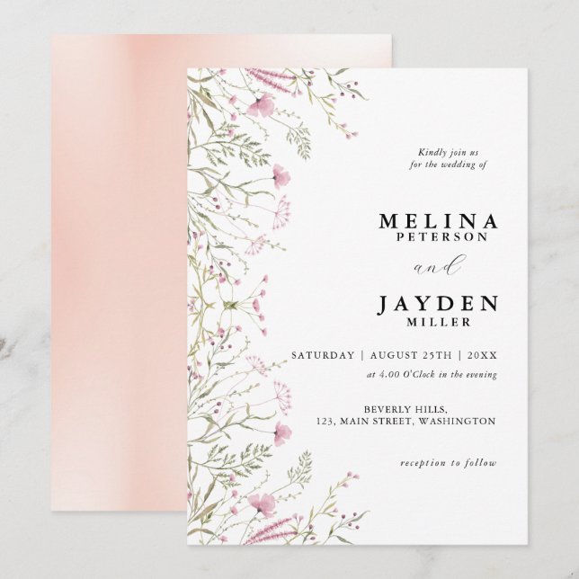 Elegante Pink Wild Floral Wedding Einladung (Vorne/Hinten)