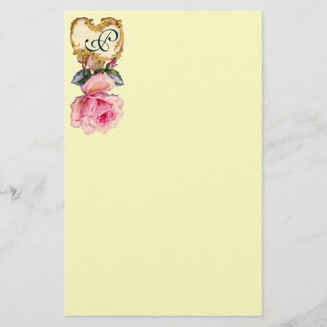 ELEGANTE PINKROSE UND GOLD WIRBEL MONOGRAM, Creme Briefpapier (Vorderseite)
