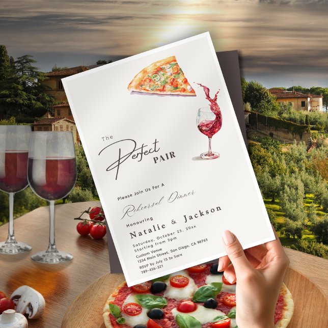 Elegante Pizza & Wine Perfect Pair Probe Dinner Einladung (Elegant Pizza & Wine Perfect Pair Rehearsal Dinner Invitation)