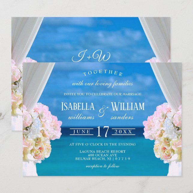 Elégante Plage Florale Plage Mariage Invitation (Devant / Derrière)