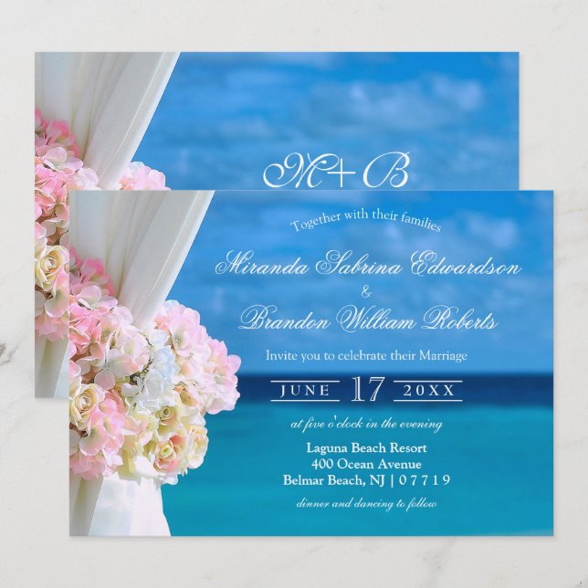 Elégante Plage Florale Plage Mariage Invitation (Devant / Derrière)