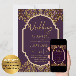 Elegante Plum Berry Gold Verziert Wedding Einladung