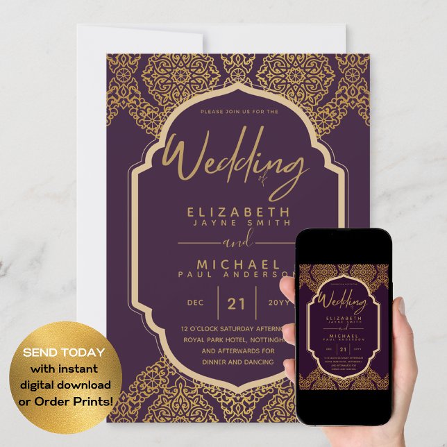 Elegante Plum Berry Gold Verziert Wedding Einladung (Von Creator hochgeladen)