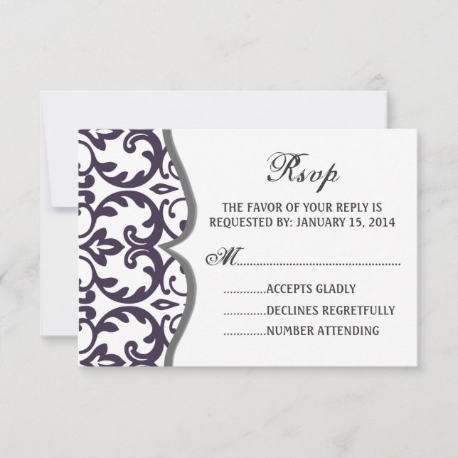 Elegante Plum Damask Heart Wedding RSVP Card (Vorderseite)