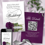 Elegante Plum Lila Rose Extravagant QR Code Hochze Einladung<br><div class="desc">Diese wunderschöne Hochzeitseinladung zeigt ein wunderschönes Foto eines Single lang gestempelte Pflaume lila oder Auberginenfarbene Rose, die auf seiner Seite liegt und in einem Wasserbecken mit Wellen und Wellen reflektiert. Das Design verfügt über ein extravagantes Kalligraphieskript mit einem langen, lockigen Schwanz, was es sowohl modern als auch klassisch macht. Elegante,...</div>