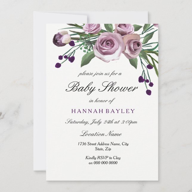 Elégante Plum violet Rose Baby shower Invitation (Devant)