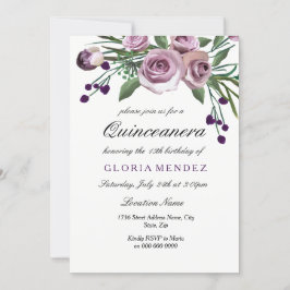 Élégante Plum violet Rose Quinceanera Invitation