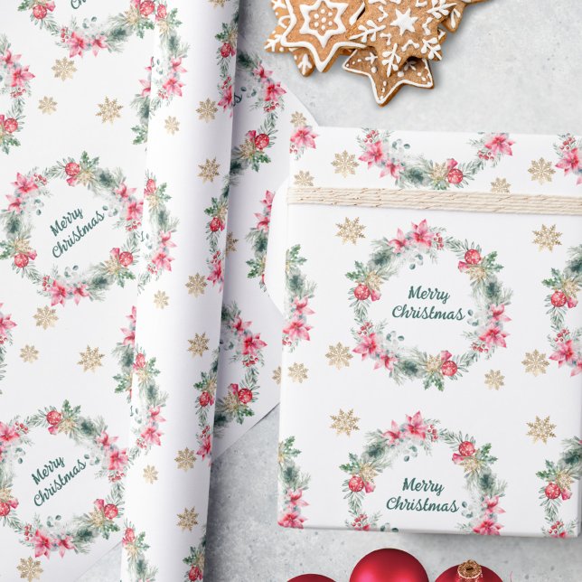 Elegante Poinsettia Gold Snowflake Weihnachtsfeier Geschenkpapier (Von Creator hochgeladen)