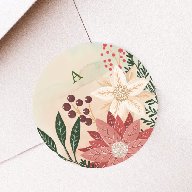 Elegante Poinsettia Monogram Holiday Watercolor Runder Aufkleber (Von Creator hochgeladen)