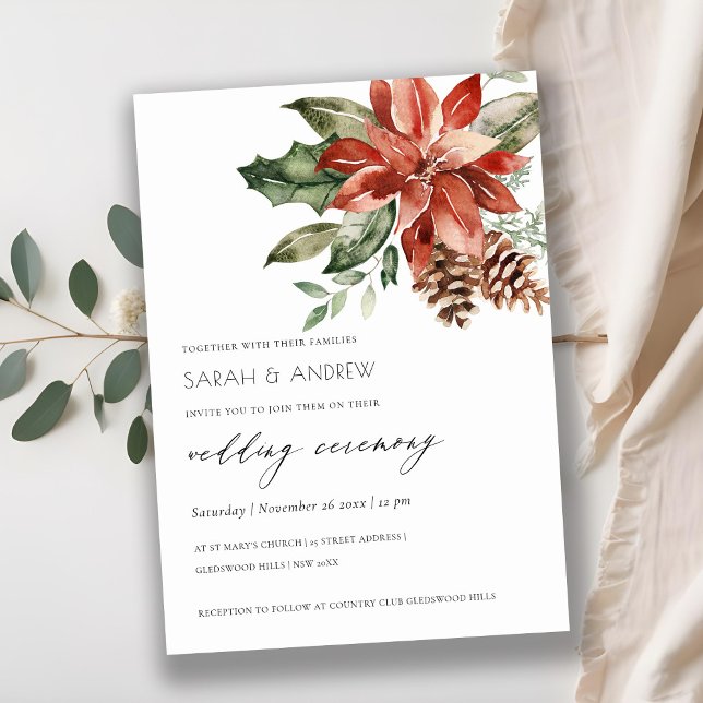Elégante Poinsettia Pine Cone Mariage Invitation (Créateur téléchargé)