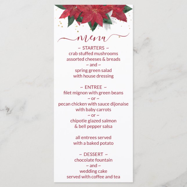 Elegante Poinsettia Rotes Weihnachtsmenü Menükarte (Vorderseite)