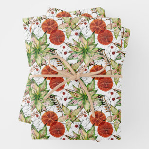 Elegante Poinsettia und Orangen Geschenkpapier Set