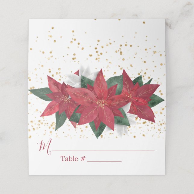 Elegante Poinsettia Weihnachtsfeier Platzkarte (Außenseite Aufgefaltet)