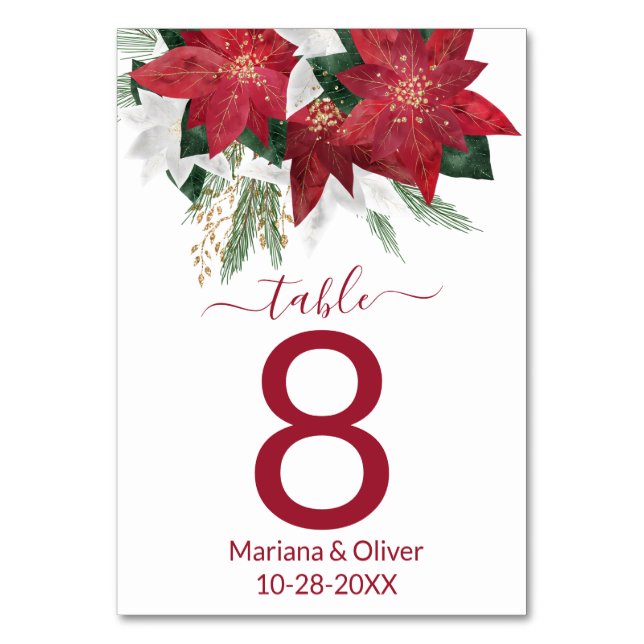 Elegante Poinsettia Weihnachtsfeier Tischnummer (Vorderseite)