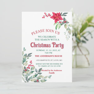 Elegante PoinsettiaGreen Blätter Red Holly Berries Einladung