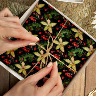 Elegante Poinsettie und Beeren auf Schwarz Seidenpapier