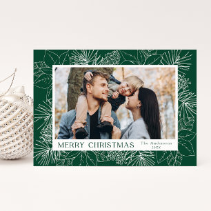 Elegante Poinsettien und Pinienzapfen grünes Foto Feiertagskarte