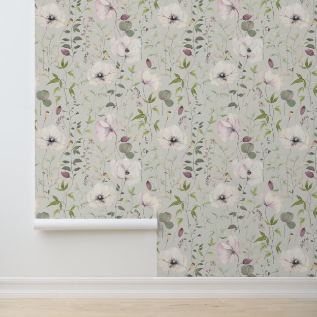 Elegante Poppies Blätter Blumenmuster Satin Linen Tapete (Anwendung)