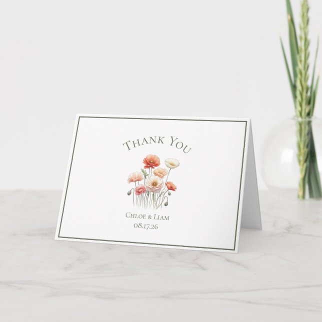 Elegante Poppies Blume Hochzeit Danke-Card Dankeskarte (Vorderseite)