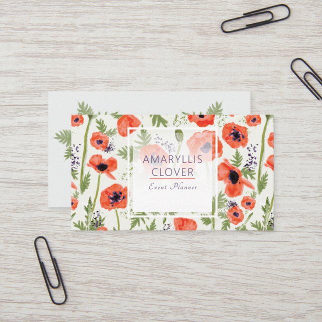 Elegante Poppies Orange Floral Pattern Visitenkarte (Vorderseite/Rückseite Beispiel)