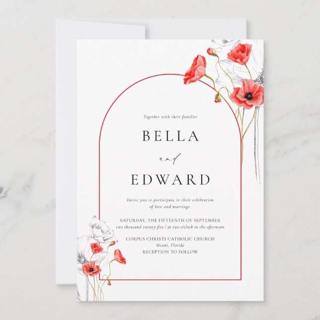 Elegante Poppy Red Watercolor Blumenhochzeit Einladung (Vorderseite)