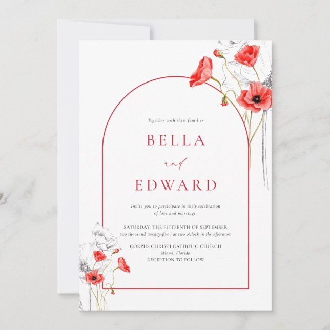 Elegante Poppy Red Watercolor Wildblumen Hochzeit Einladung (Vorderseite)