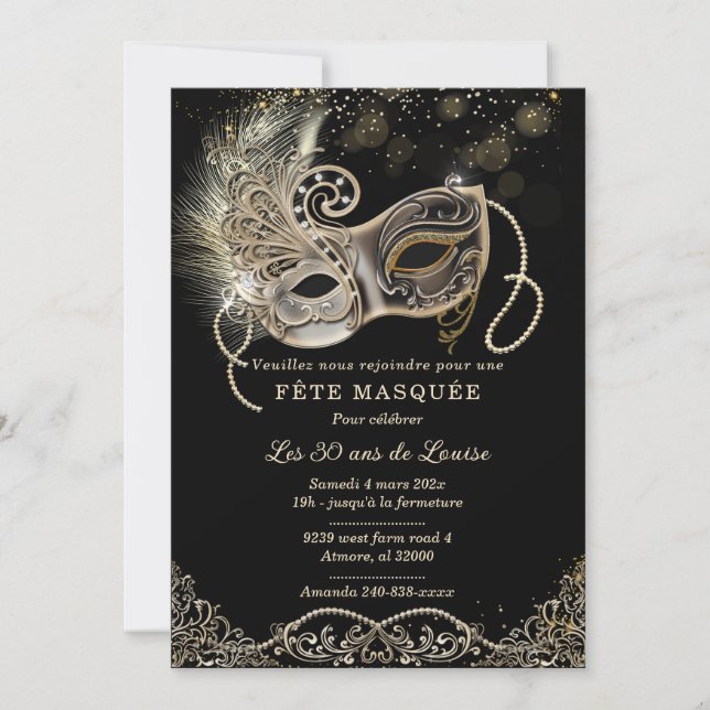 Elégante Pour Soirée Masquée Anniversaire Einladung (Vorderseite)