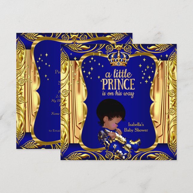 Elegante Prince Baby Duwer Blue Gold Ethnic Einladung (Vorne/Hinten)