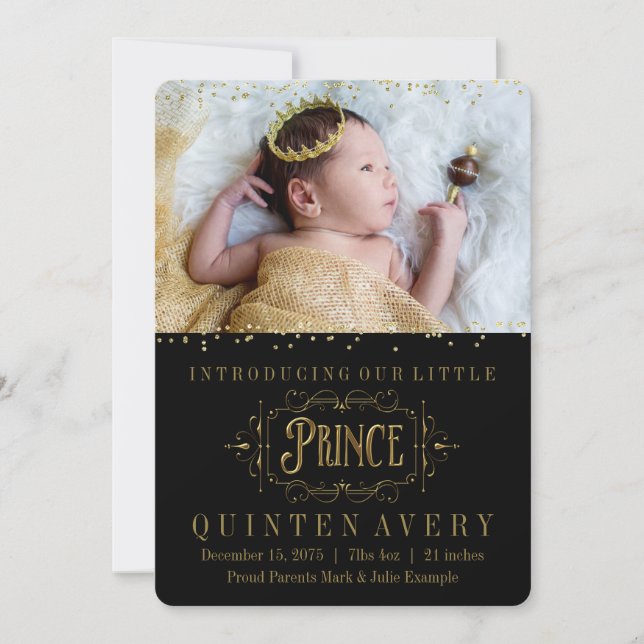 Elegante Prince Gold Confetti Geburtshinweise Ankündigung (Vorderseite)