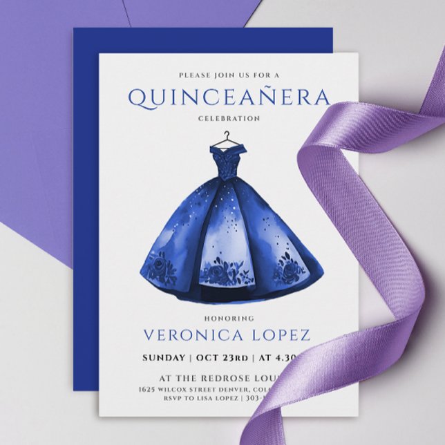 Elegante Princess Blue Dress Quinceñera Wasserfarb Einladung (Von Creator hochgeladen)