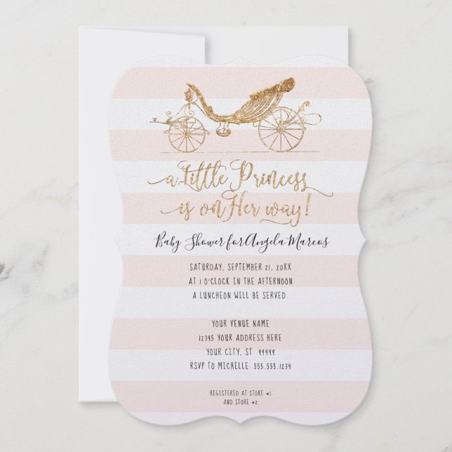 Elegante Princess Carriage Gold Baby Girl Dusche Einladung (Vorderseite)
