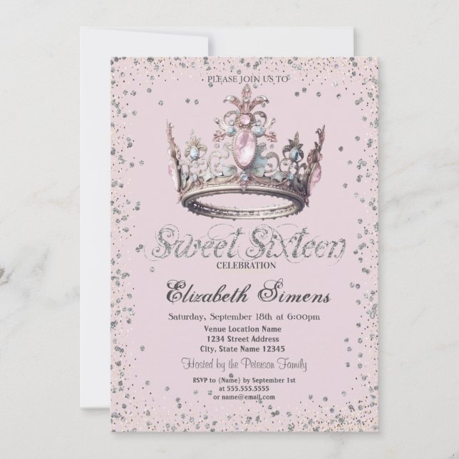 Elegante Princess Crown Diamonds Confetti Sweet 16 Einladung (Vorderseite)