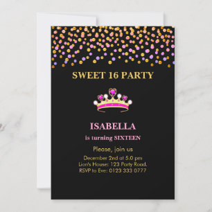 Elegante Princess Crown Sweet 16 auf Black Einladung
