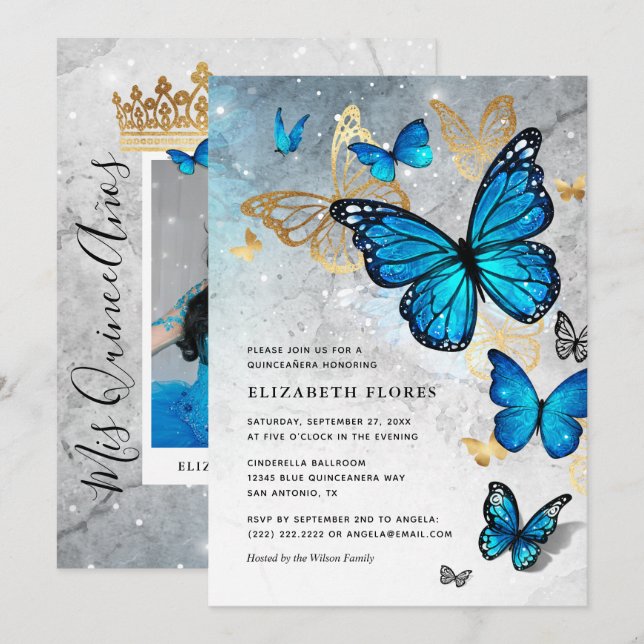 Elegante Princess Gold Blue Butterfly Quinceanera Einladung (Vorne/Hinten)