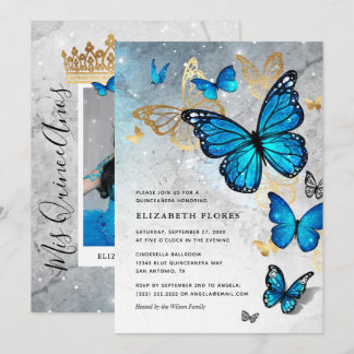 Elegante Princess Gold Blue Butterfly Quinceanera Einladung
