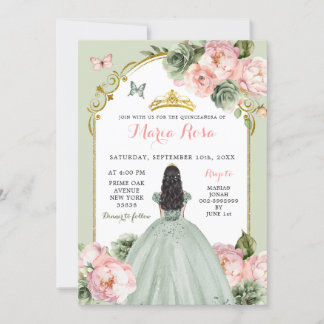 Elegante Princess Sage Green Dusty Rose Quinceañer Einladung