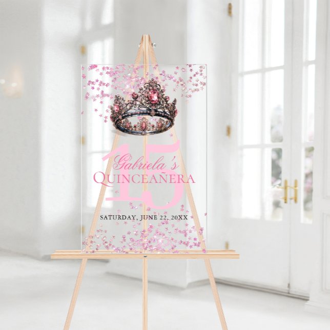 Élégante princesse rose Crown Quinceanera Bienvenu (Elegant Pink Princess Crown Quinceanera Welcome Acrylic Sign)