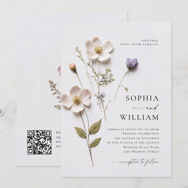 Elegante Print Pressed Pastel Boho Blume Hochzeit Einladung (Vorne/Hinten)